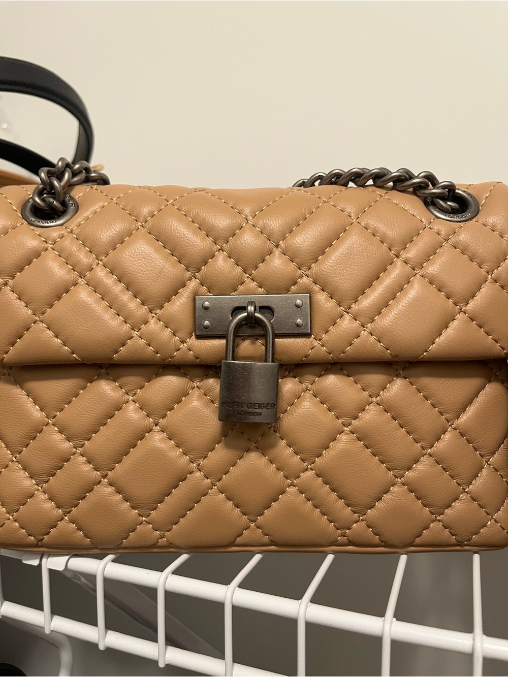 Kurt Geiger Quilted Shoulder Bag in Tan with Padlock Detail
